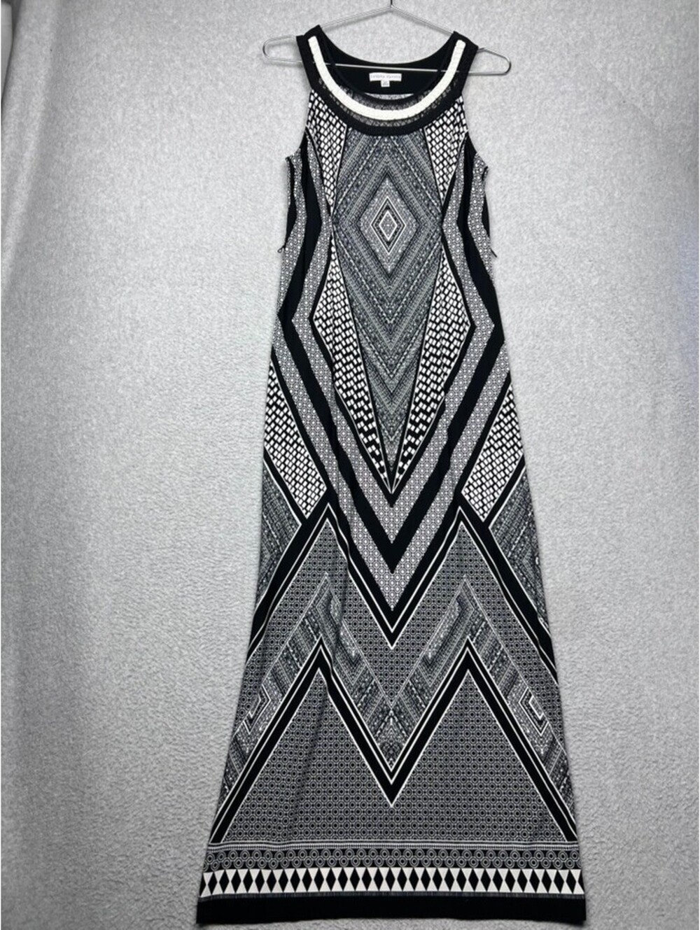 Sandra Darren 6P Geometric Maxi Dress Braided Mesh Collar Petite Knit Aztec